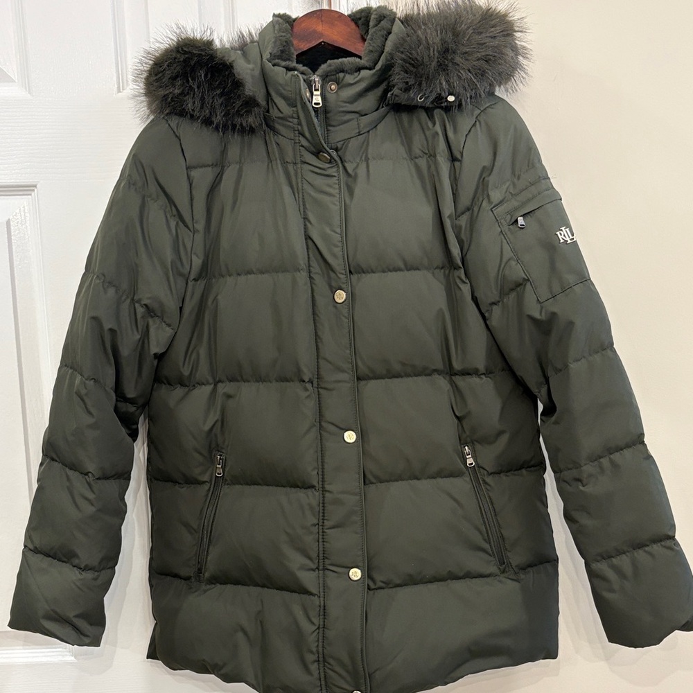 Ralph Lauren Olive Green Puffer Coat with Faux Fur Hood - Picture 10 of 12